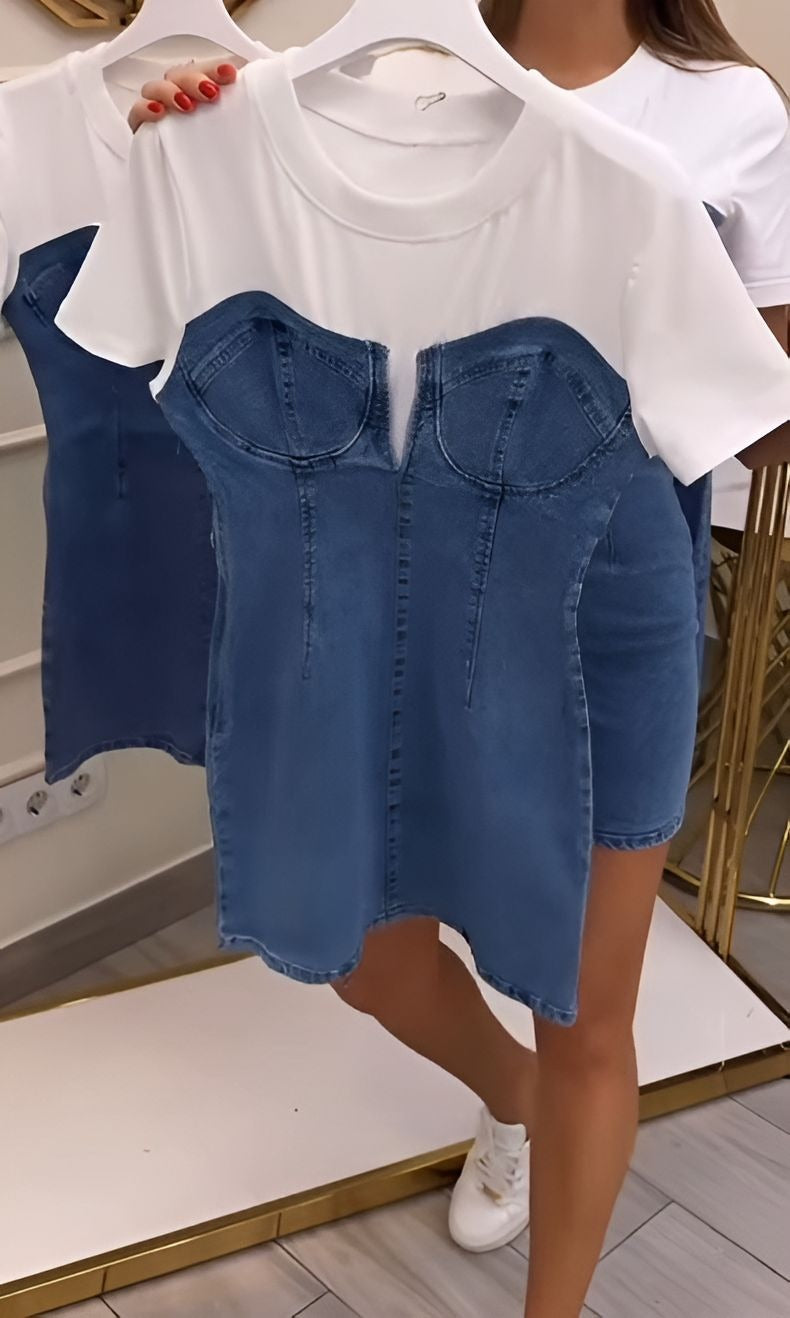 Denim & Tee Mock Two-Piece Short Dress