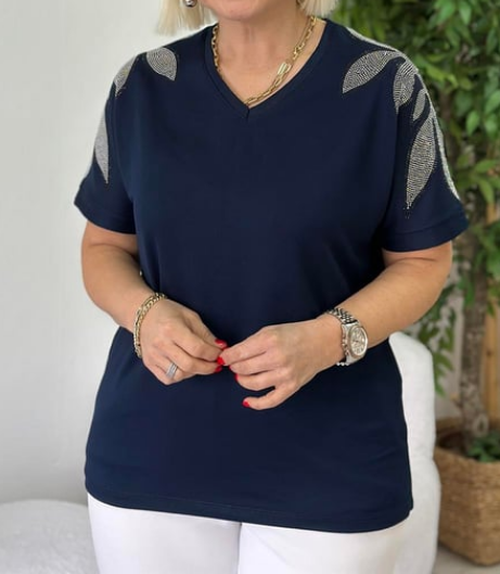 V Neck Leaf Pattern Stone Printed T-Shirt