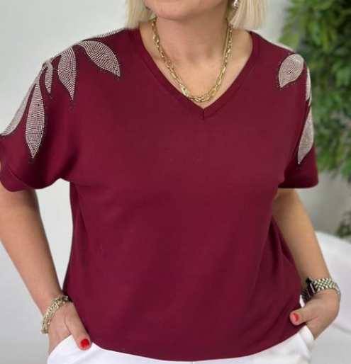 V Neck Leaf Pattern Stone Printed T-Shirt