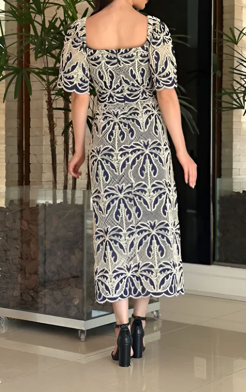 Navy Floral Square-Neck Dress