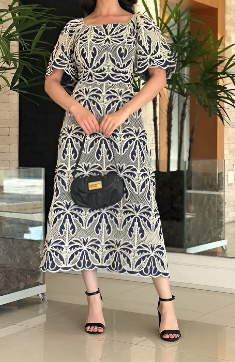 Navy Floral Square-Neck Dress