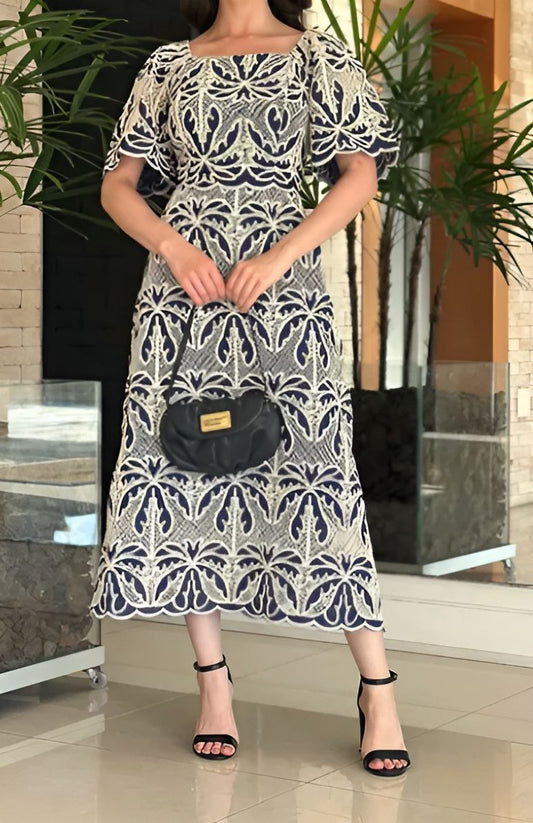 Navy Floral Square-Neck Dress
