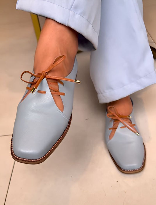 Blue Soft Leather Lace-Up Women Shoes
