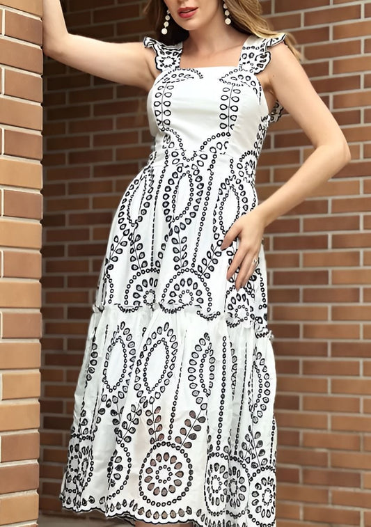 White Printed Hollow Sleeveless Dress