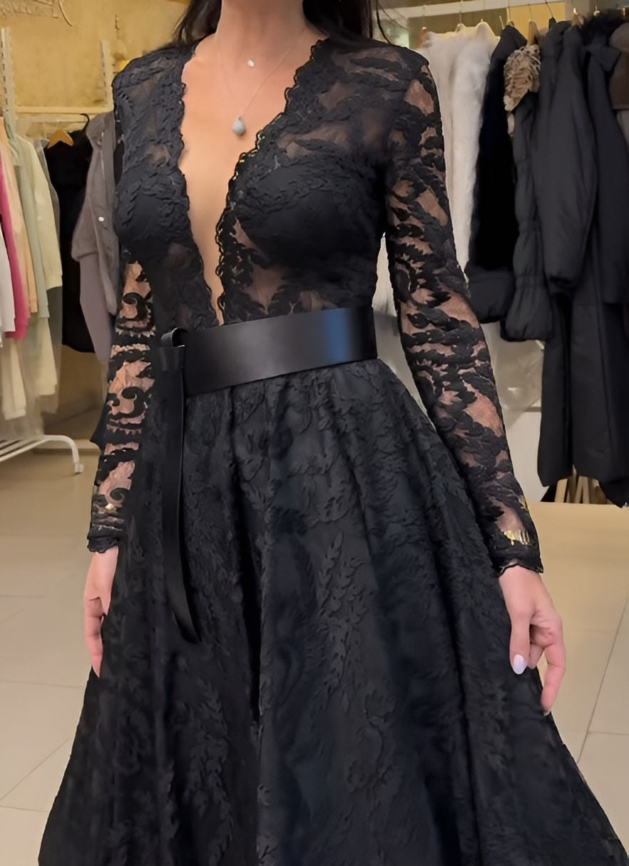 Elegant Black V-Neck Lace Dress