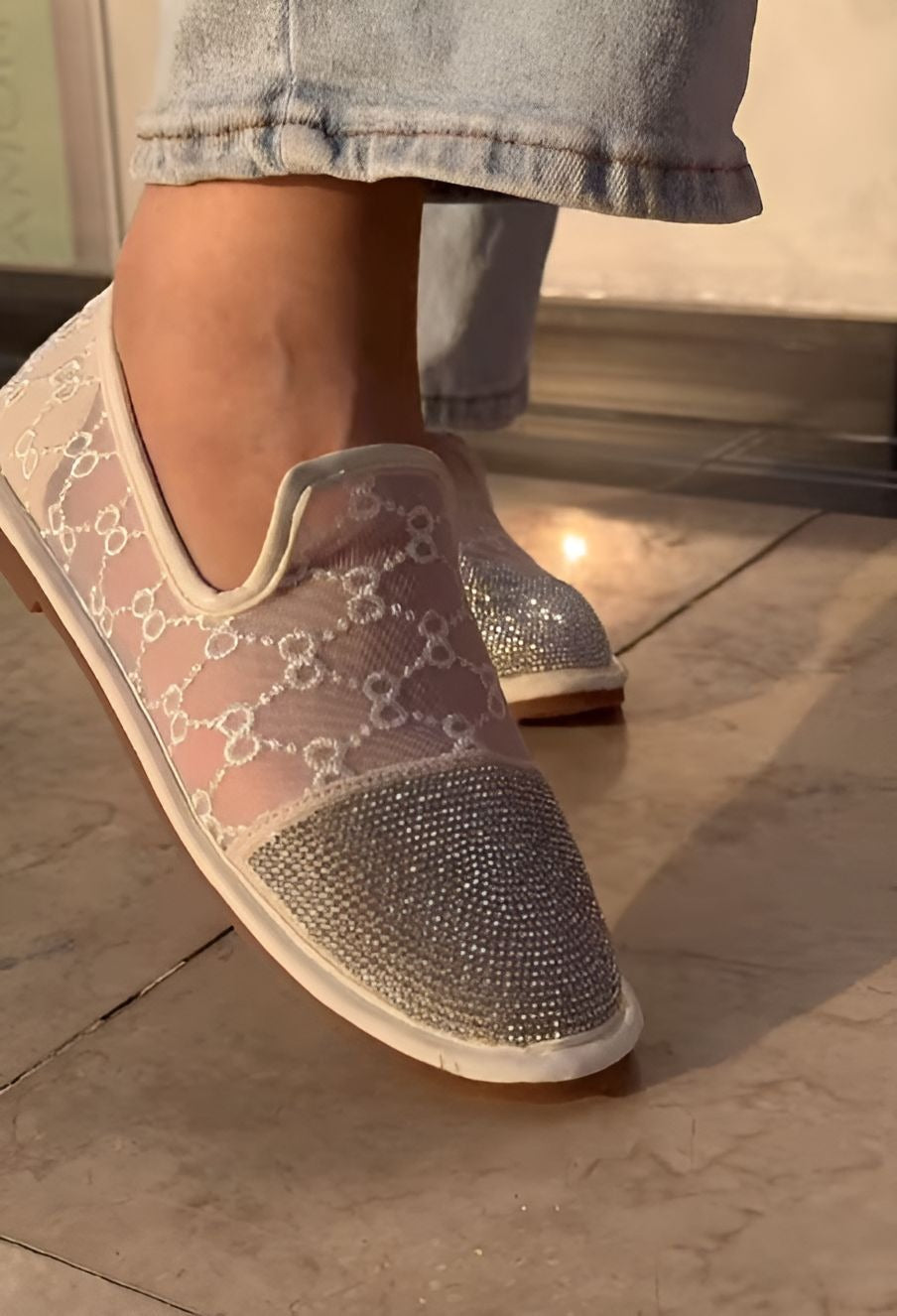 Embroidered White Flats With Sparkling Embellishments