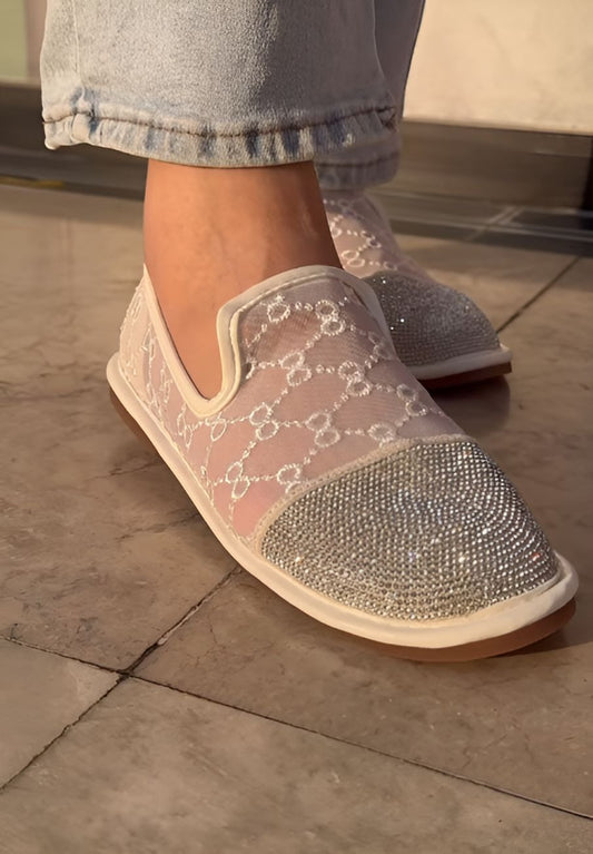 Embroidered White Flats With Sparkling Embellishments