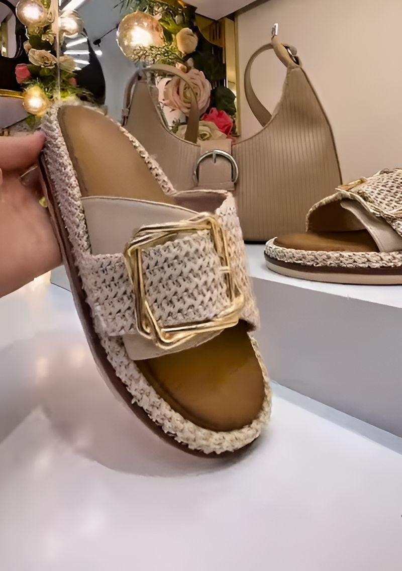 Metal Buckle Woven Slippers