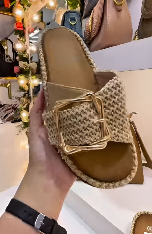 Metal Buckle Woven Slippers