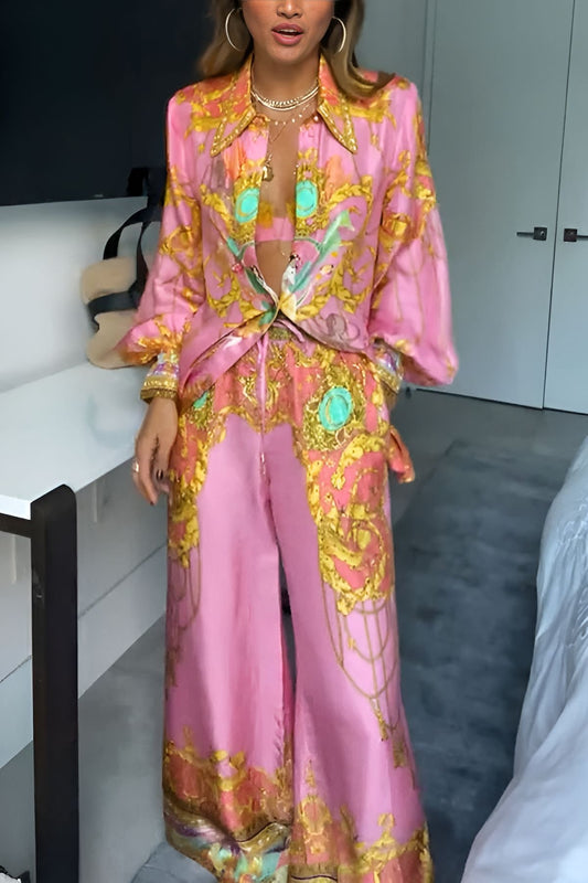 Unique Print Long Sleeve Loose Shirt and Elastic Waist Pants Set