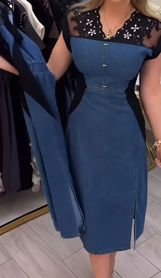 Black Lace & Denim Slim-Fit Dress