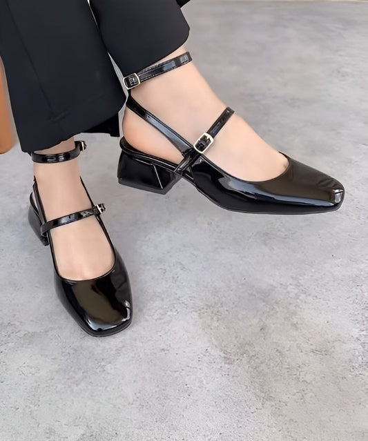 Black Elegant Block Heel Double Buckle Leather Sandals
