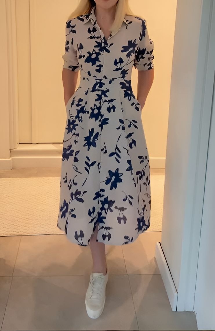 Blue Printed Button Dress With Pockets