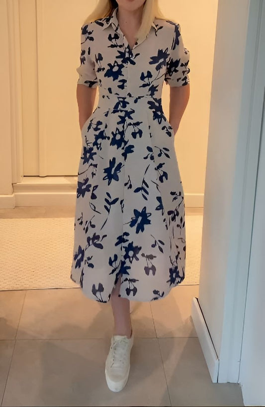 Blue Printed Button Dress With Pockets