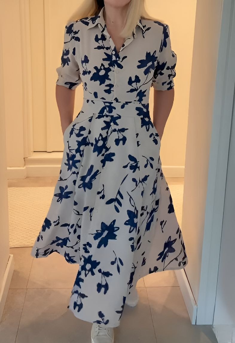 Blue Printed Button Dress With Pockets
