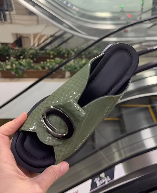 Green Soft Leather Thick-Soled Women Slippers
