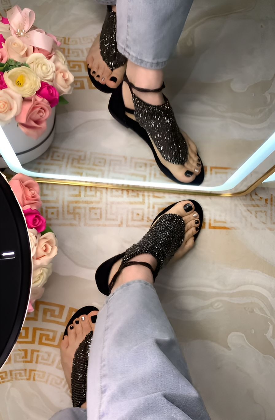 Black Glitter Flat Sandals