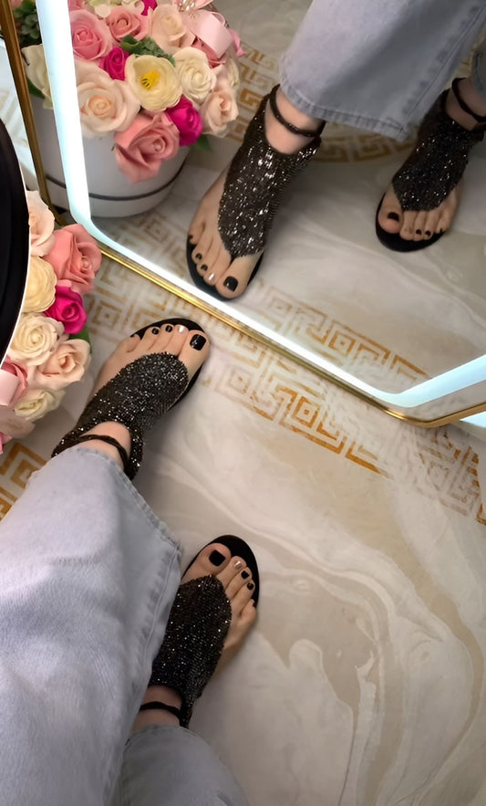 Black Glitter Flat Sandals
