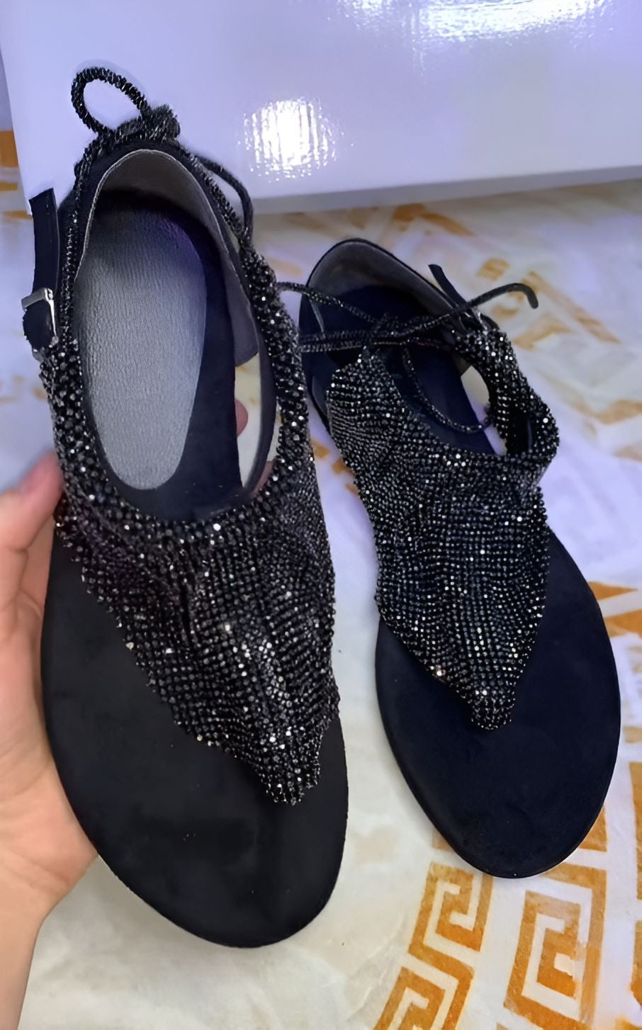 Black Glitter Flat Sandals