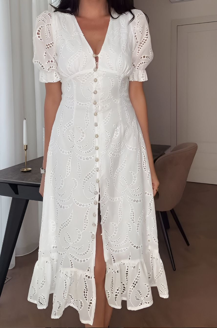 V-Neck Button Lace Dress
