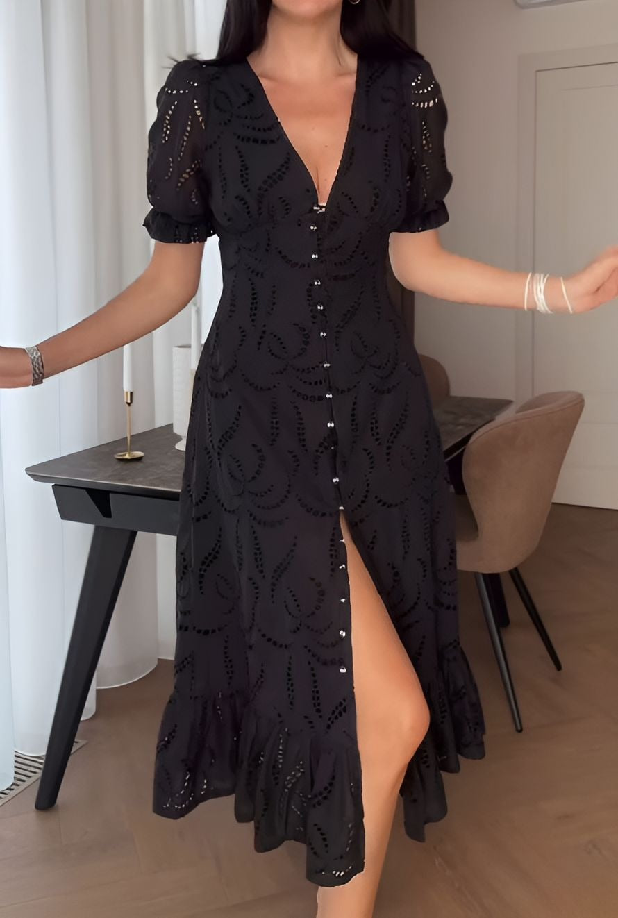V-Neck Button Lace Dress