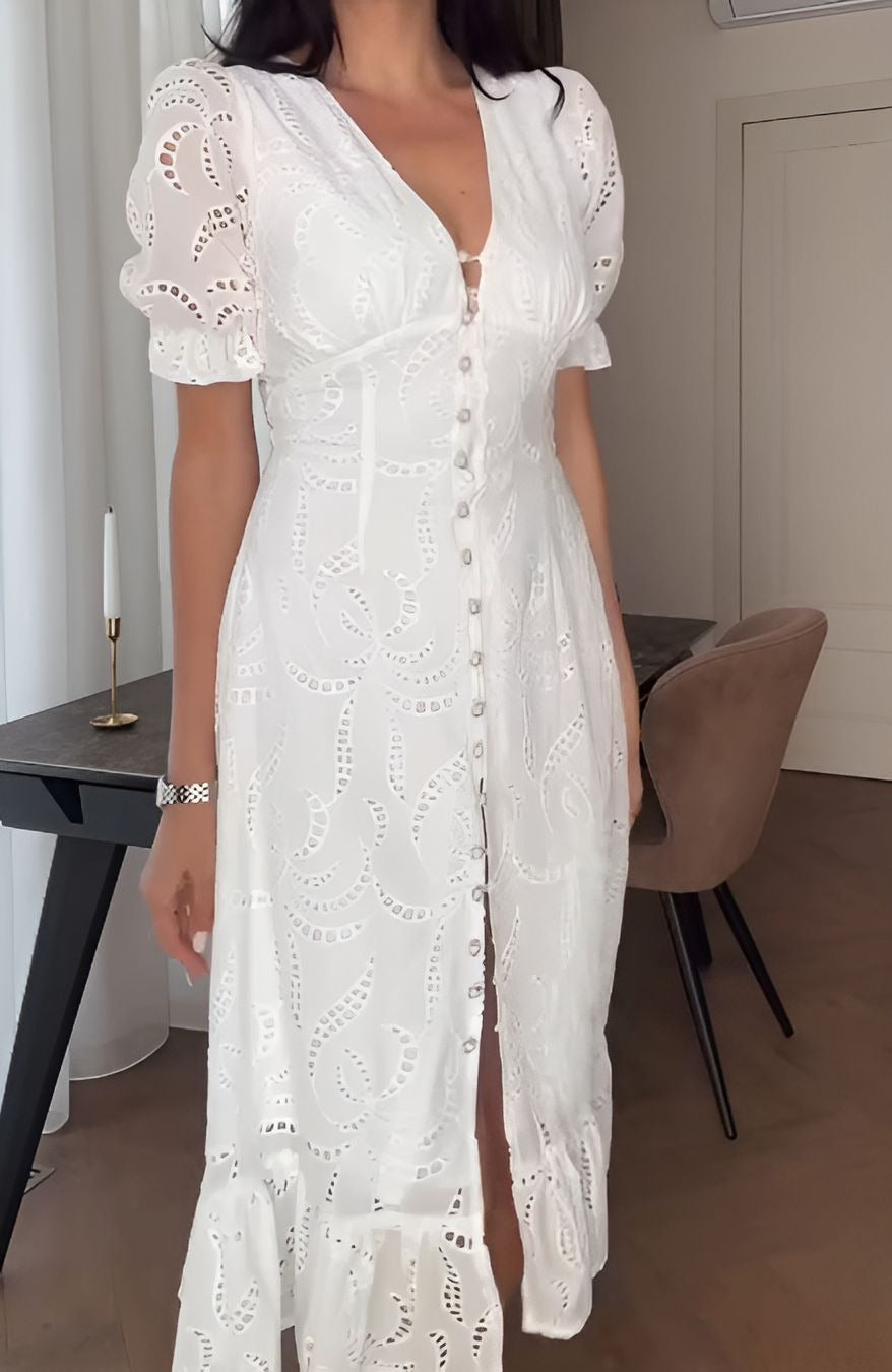 V-Neck Button Lace Dress
