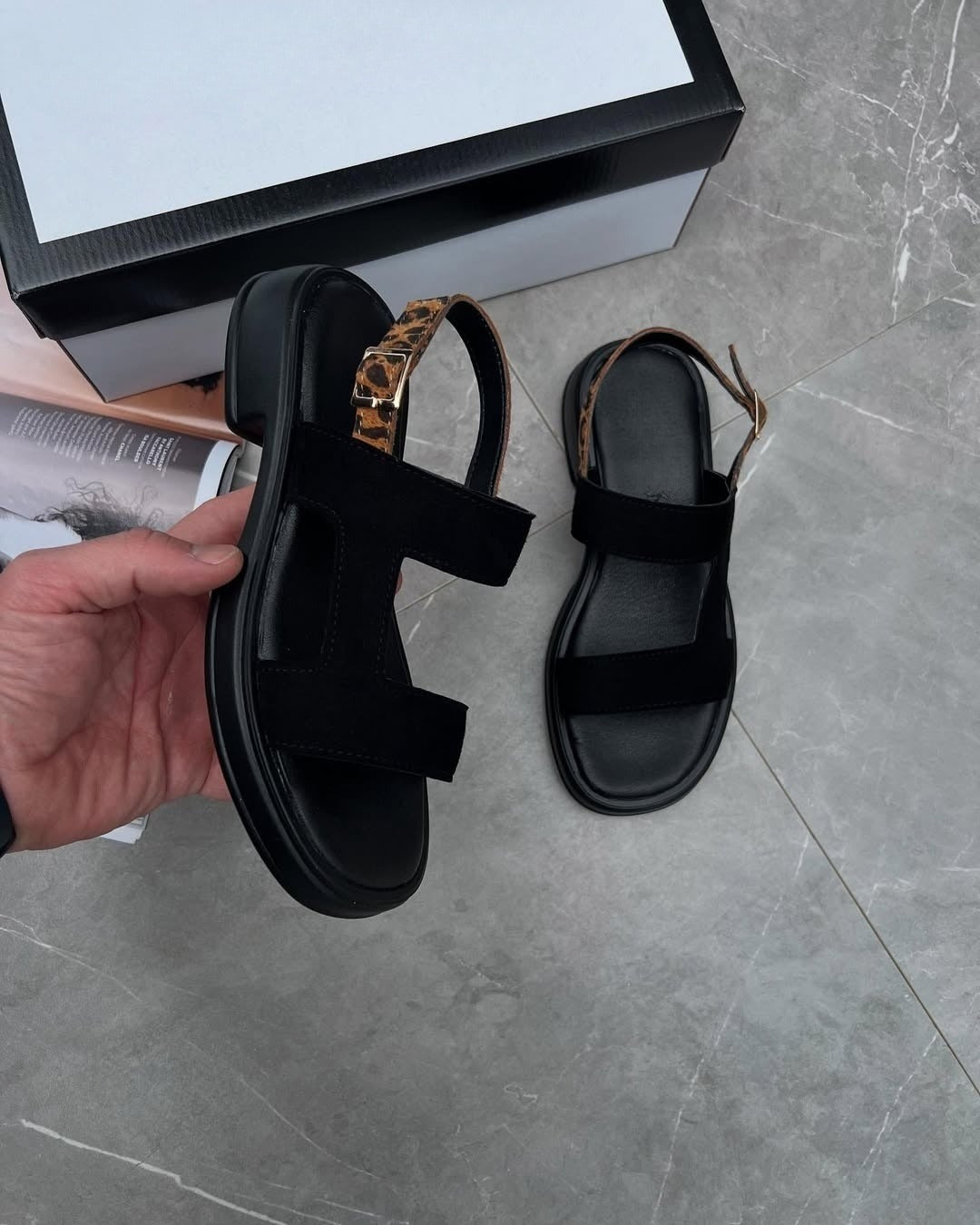 Black Leopard Print Contrast Women Sandals