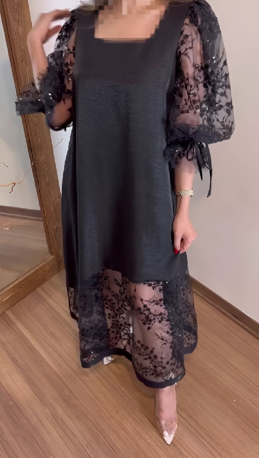 Black Sequin Puff Sleeve Dress
