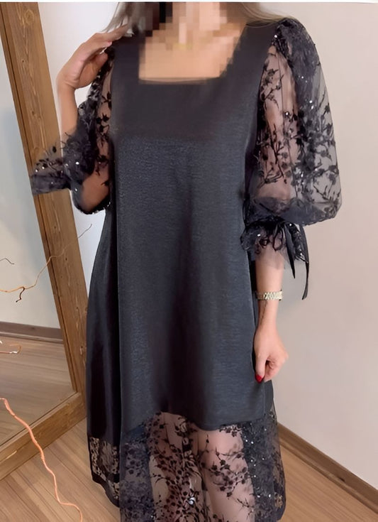 Black Sequin Puff Sleeve Dress