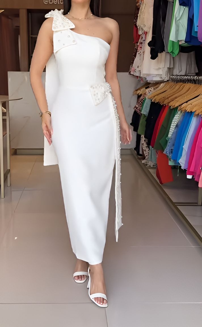 Elegant White Pearl Bow Dress