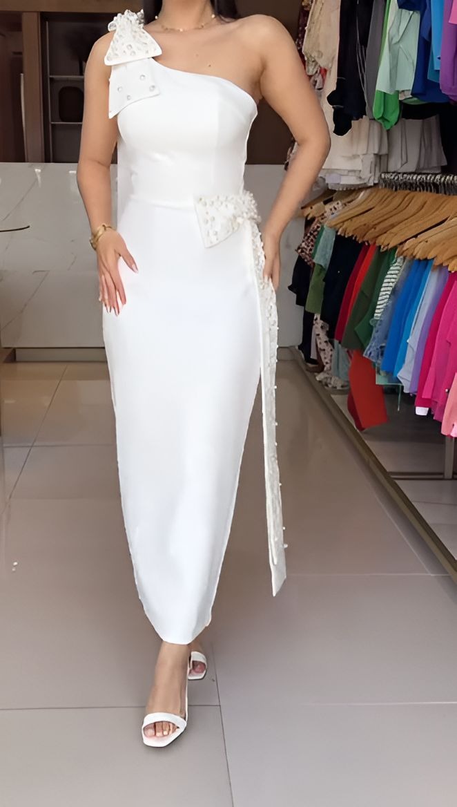 Elegant White Pearl Bow Dress
