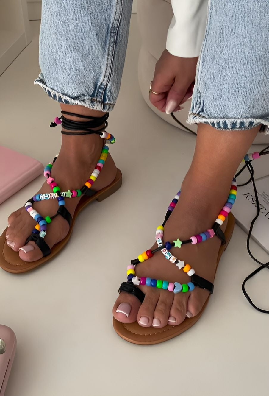 Colorful Beaded Flat Sandals