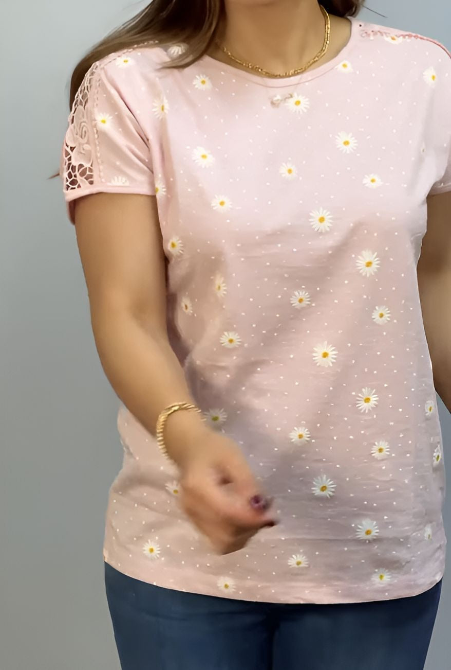 Pink Daisy Lace Short Sleeve Top