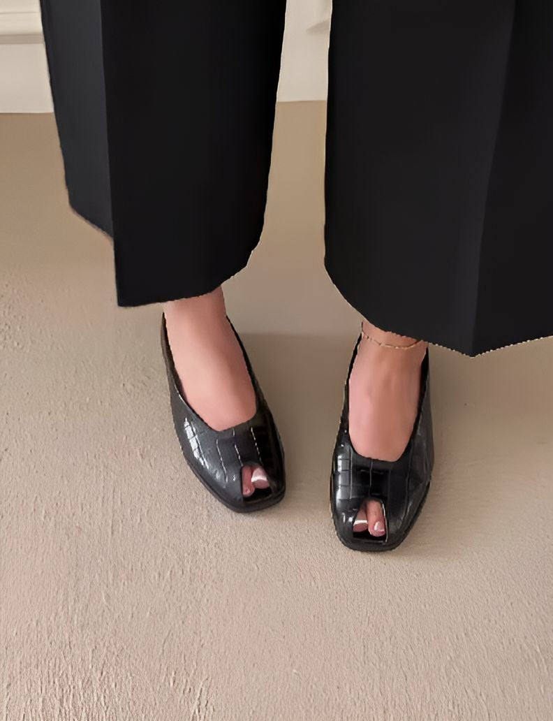 Black Soft Leather Open Toe Women Shoes