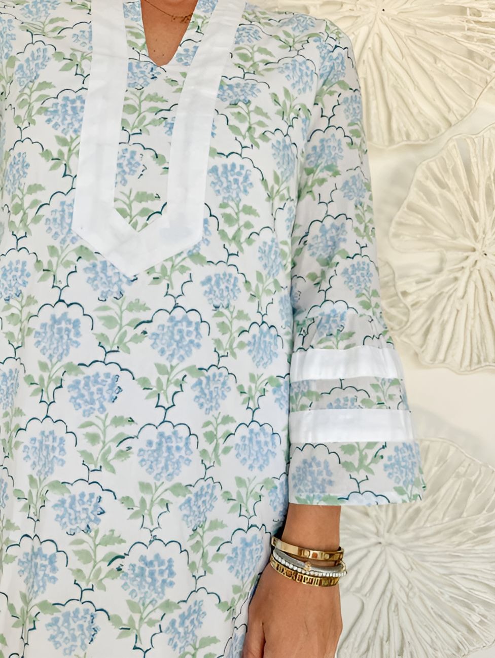 Blue Floral Printed V-neck Dress