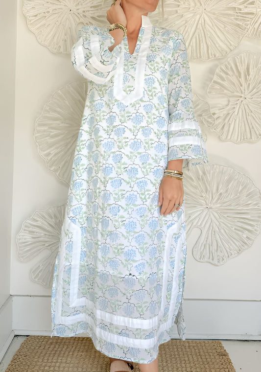Blue Floral Printed V-neck Dress