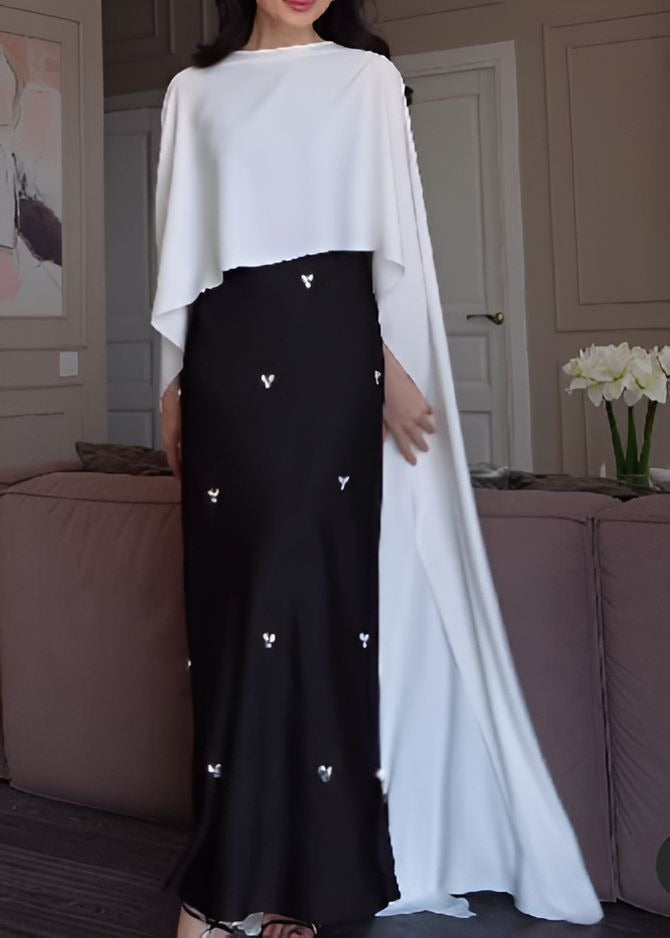 Elegant Black Dress+White Shawl