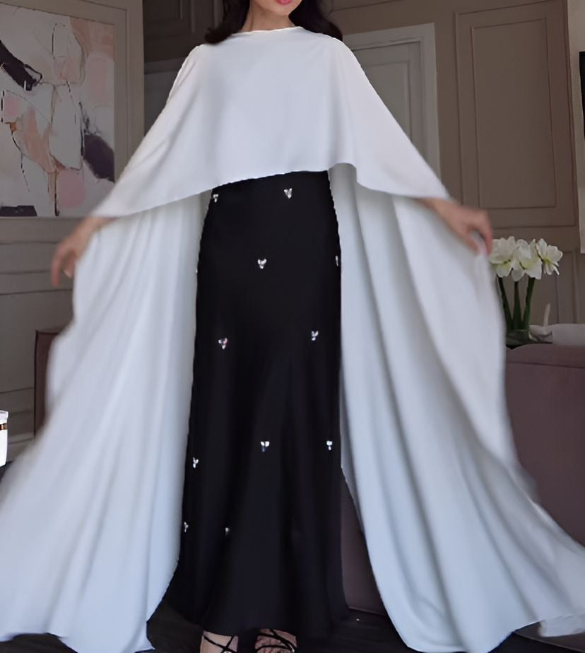 Elegant Black Dress+White Shawl