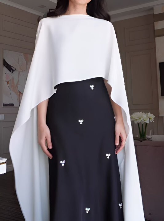 Elegant Black Dress+White Shawl