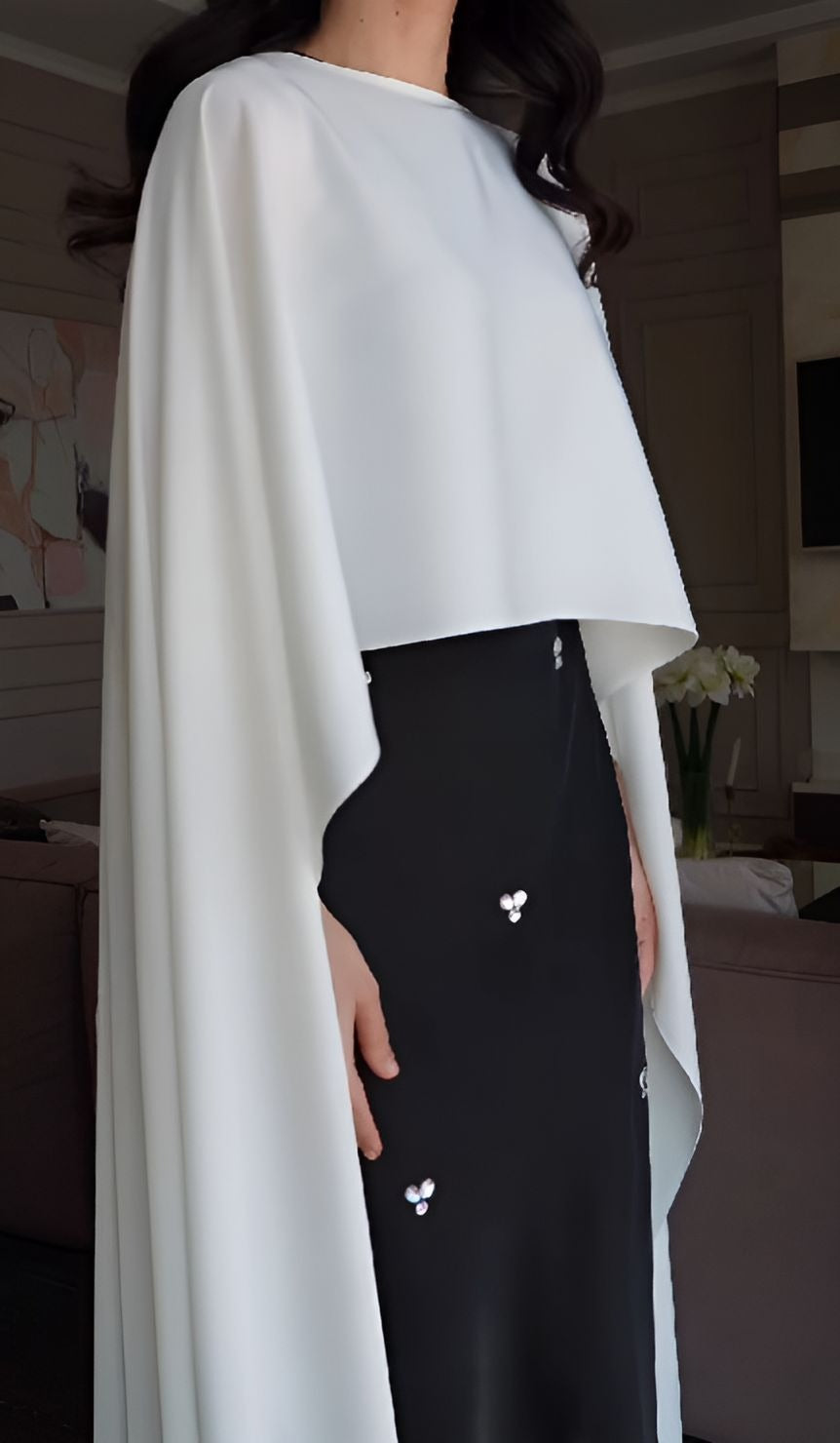 Elegant Black Dress+White Shawl