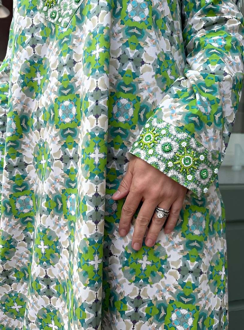 Green Printed Long Sleeve Dress