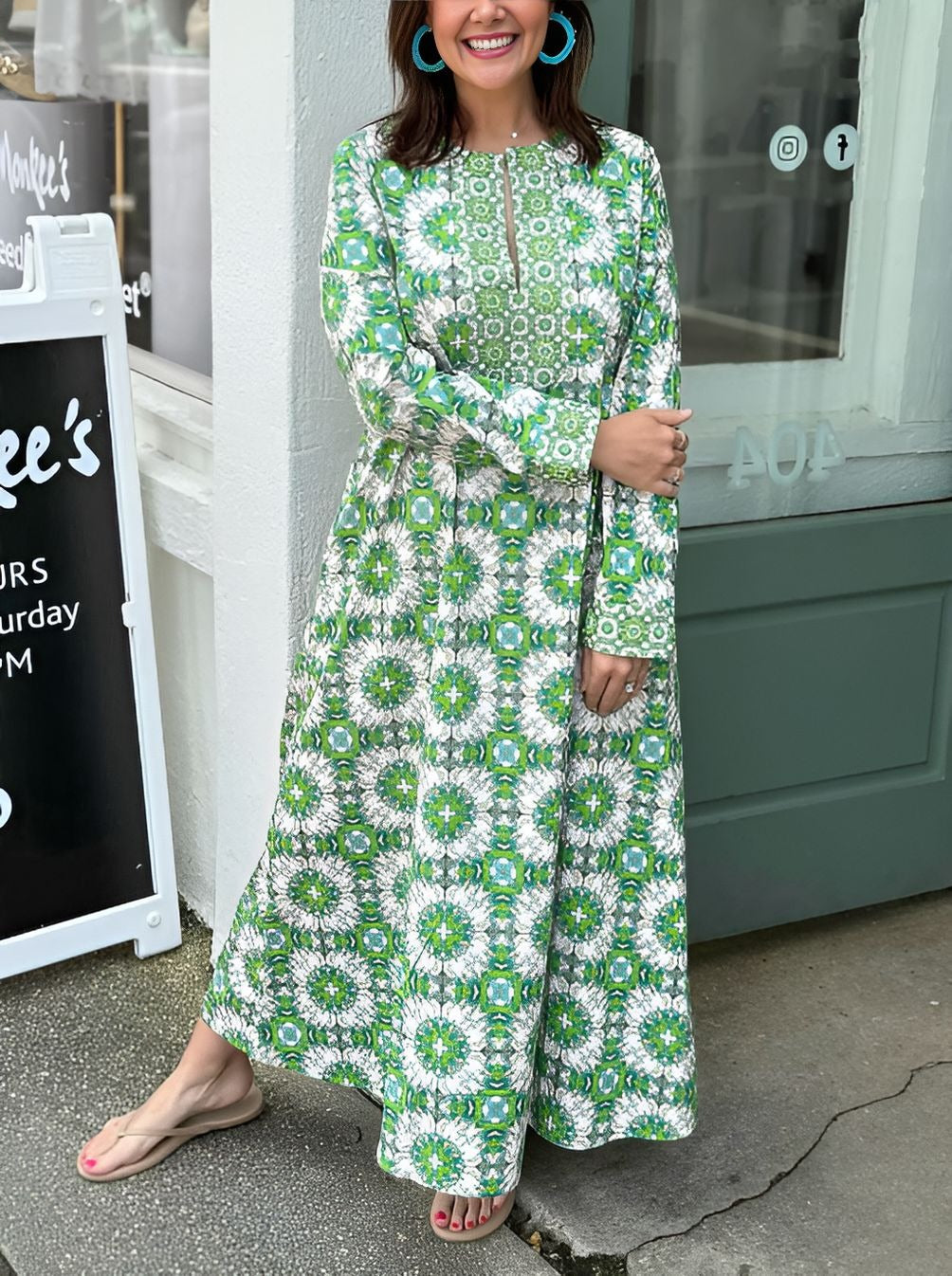 Green Printed Long Sleeve Dress