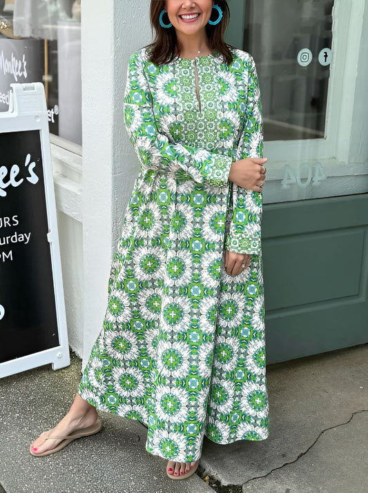 Green Printed Long Sleeve Dress