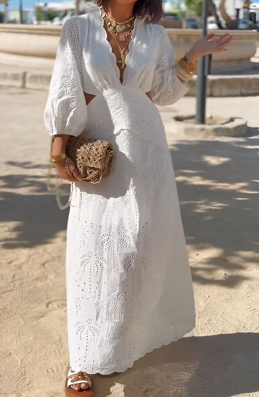 Lace V-neck White Dress