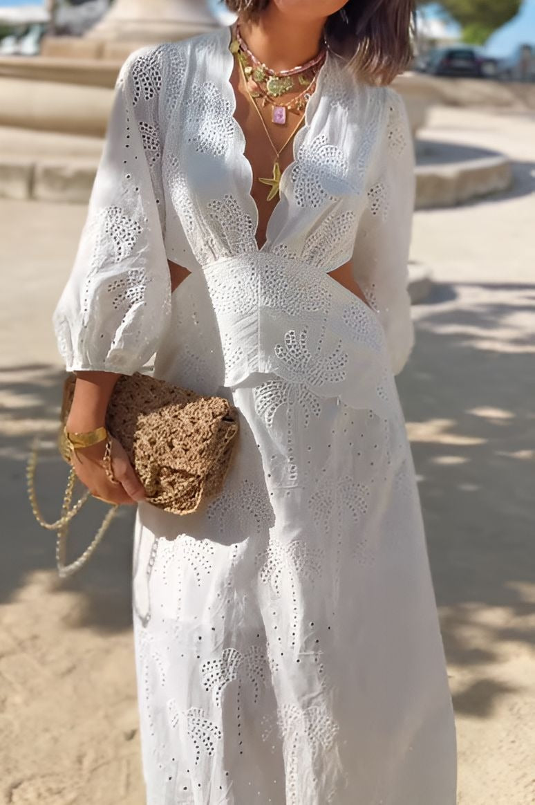 Lace V-neck White Dress