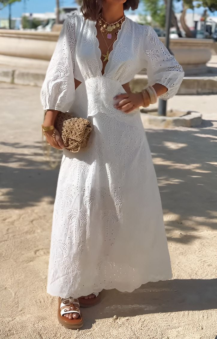 Lace V-neck White Dress