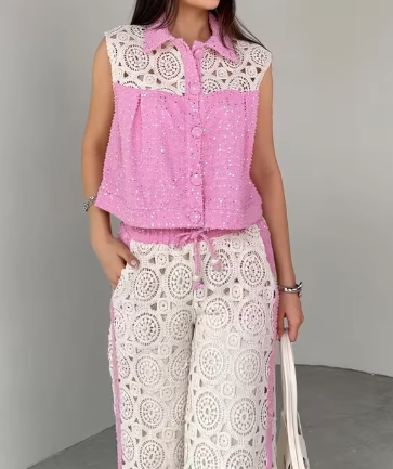 Sequined Knitwear Detailed Vest Pants Two Piece Set