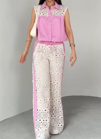 Sequined Knitwear Detailed Vest Pants Two Piece Set