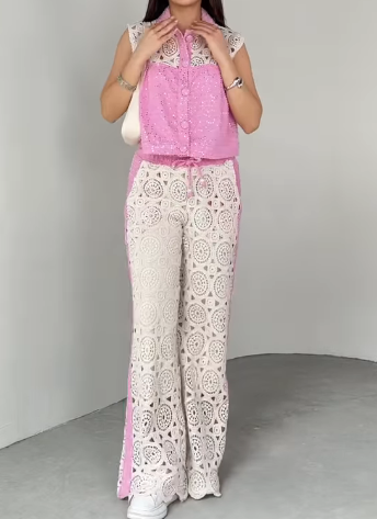 Sequined Knitwear Detailed Vest Pants Two Piece Set