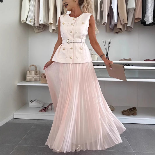 Elegant Vest Mesh Pleated Skirt Two-Piece Set
